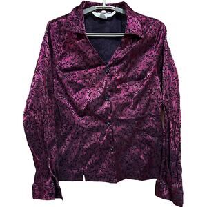 Dressbarn Blouse Women Size L Burgundy Black Shiny Floral Button Up Long Sleeve